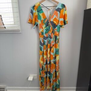Abel The Label Hilda Midi Dress Green Orange Abstract Resort Tropical Groovy